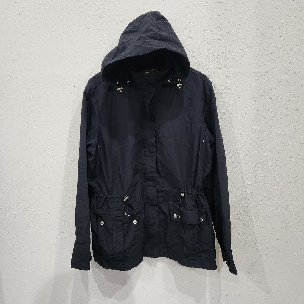 Lands End Rain Coat Womens Medium Hooded Waterproof Navy Blue Cinch Waist Hooded